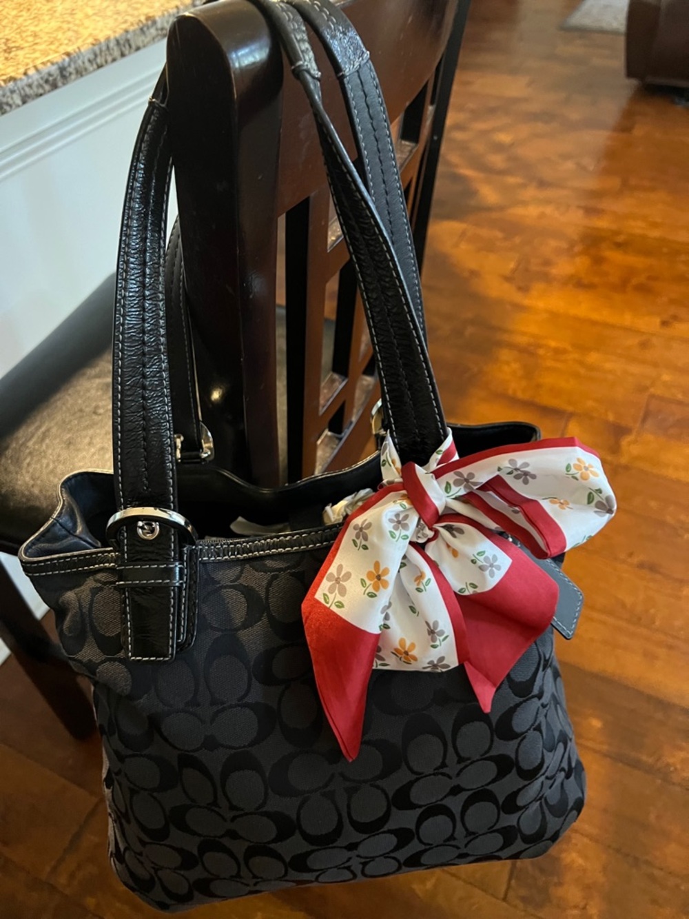 Coach Black Signature Tote with Red & White Floral Scarf Accent EUC